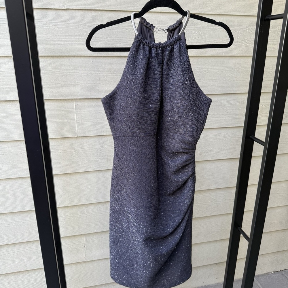 Formal Black Cocktail Dress Flecks Silver Chain Built-in Necklace‎ & Bra Size 8